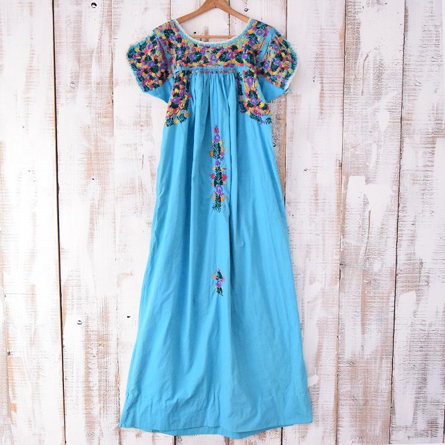 70 Off サンアントニオ刺繍ワンピースブルー 花柄 メキシコ 70 Off サンアントニオ刺繍ワンピースブルー 花柄 メキシコ
