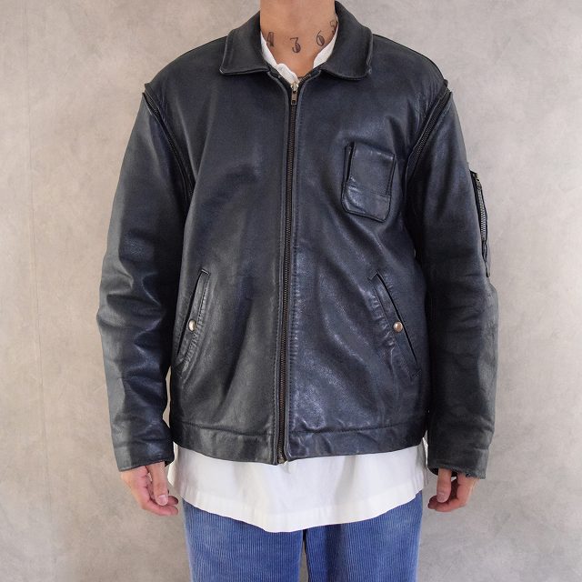 French Military Leather Pilot Jacket NAVY