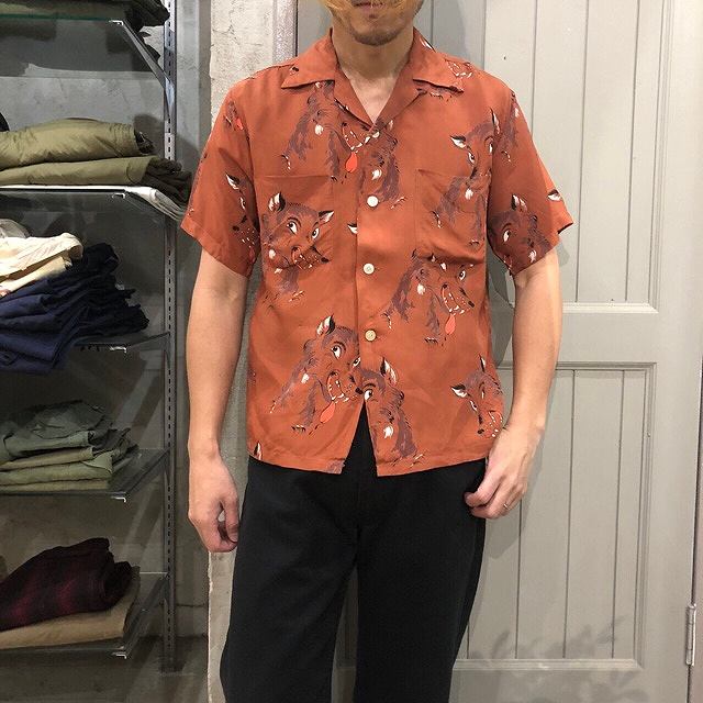 50's Holiday WOLF Rayon Shirt S