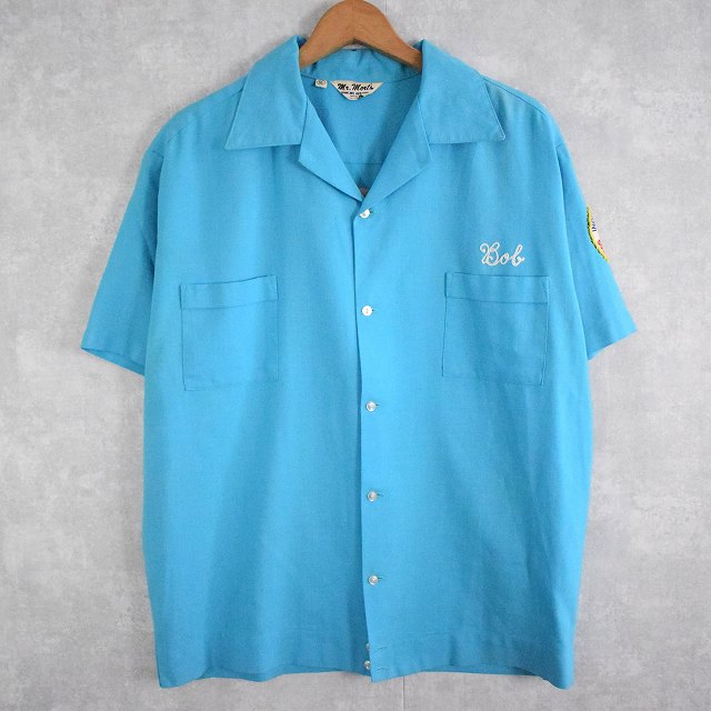 60s 60年代 ボウリングシャツ 水色 パッチ付き 開襟 オープンカラー 