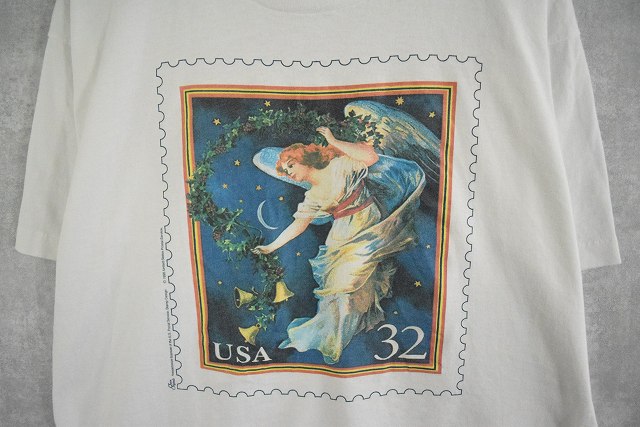 90's USA製 切手プリントTシャツ L [94175]