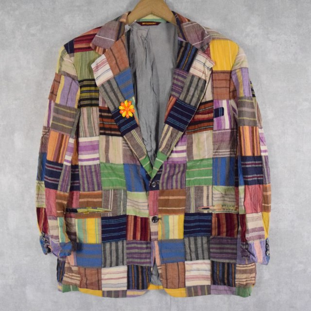 80's フラワーピン付き クレイジーパターン インディアンマドラス リネンテーラードジャケット