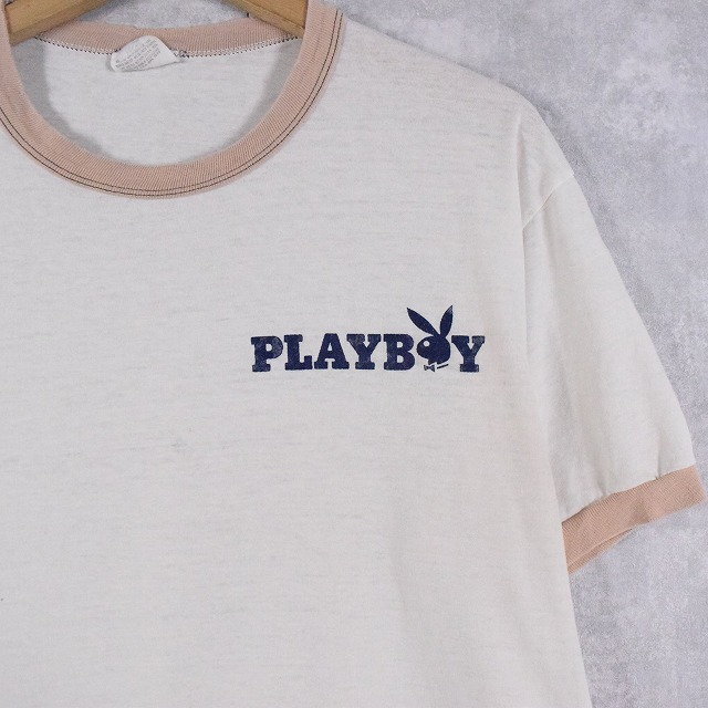 80's PLAYBOY USA製 ロゴプリント リンガーTシャツ XL