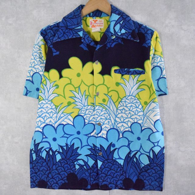 70s 70年代 シアーズ パイナップル 花柄 開襟 ハワイアンシャツ