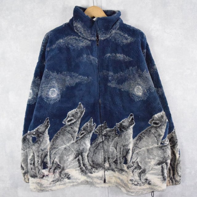 90's MAZMANIA USA製 オオカミ柄 フリースジャケット
