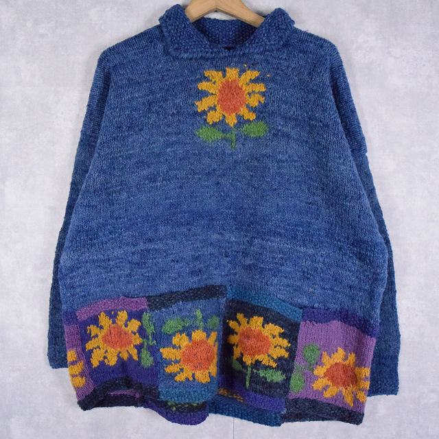 AMANO 花柄 襟付き ウールニットセーター