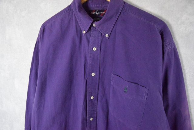 ラルフローレン】XLサイズ 肉厚 長袖BDシャツ 紫パープル緑刺繍Ralph-