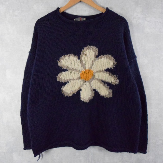 花柄編み ロールネック ウールニットセーター