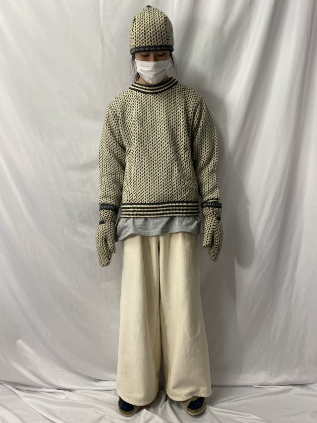 70〜80's L.L.Bean NORWAY製 バーズアイ ウールニットセーター/ニットキャップ/手袋 3点SET M