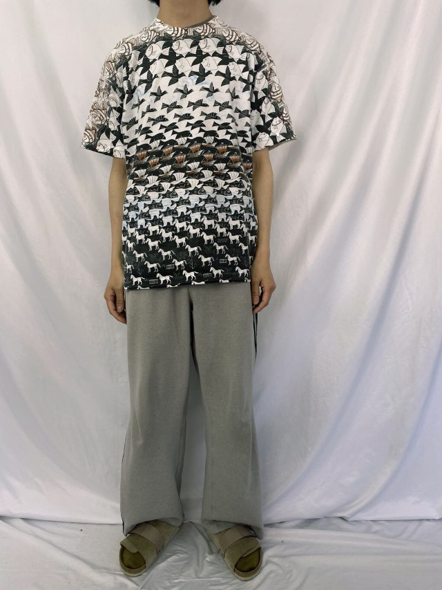 マウリッツエッシャー 90s マルチ だまし絵 USA製 プリント 半袖 Tシャツ 青系 M C Escher メンズ   【230619】 メール便可
