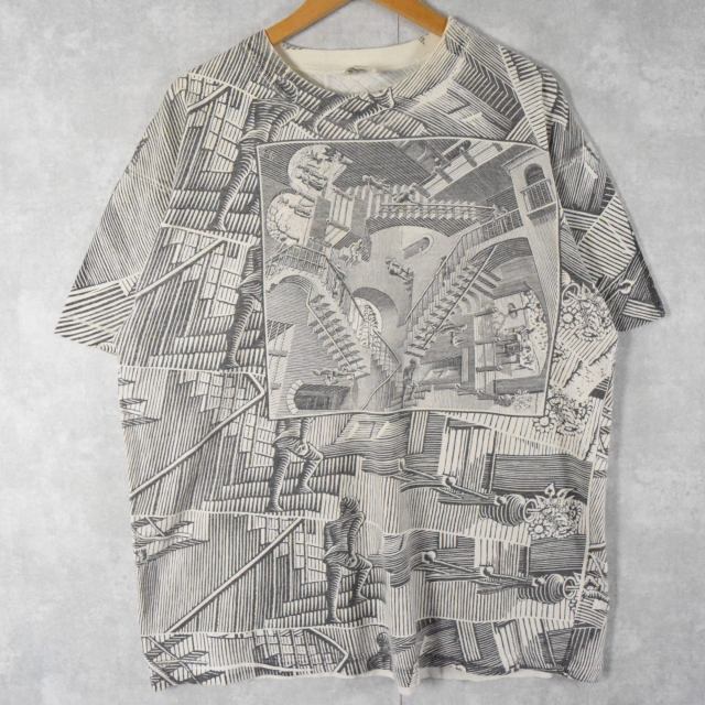 90's M.C. Escher USA製 騙し絵アート 総柄プリントTシャツ XL