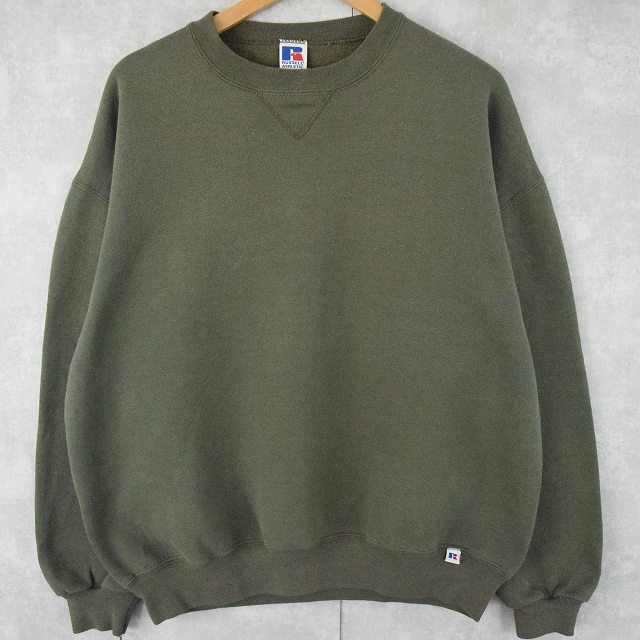 90's〜 RUSSELL ATHELETIC USA製 前V スウェット 無地 OLIVE XL