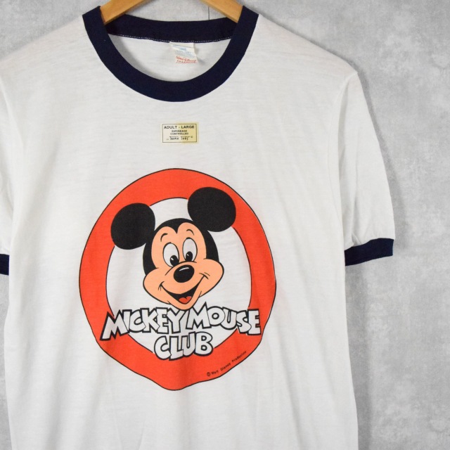 70's dead stock Disney MICKEY MOUSE CLUB USA製 キャラクタープリントリンガーTシャツ L