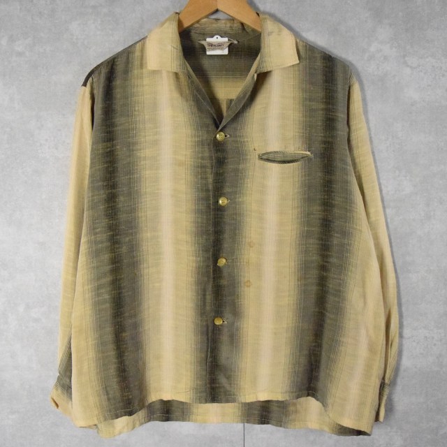 50〜60's PENNY'S TOWNCRAFT オンブレーストライプ柄 オープンカラー シルク混ポリシャツ L