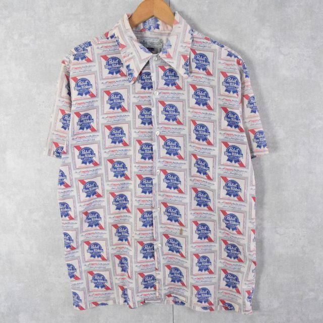 70's Pabst Blue Ribbon USA製 ビールメーカー ロゴ総柄シャツ L