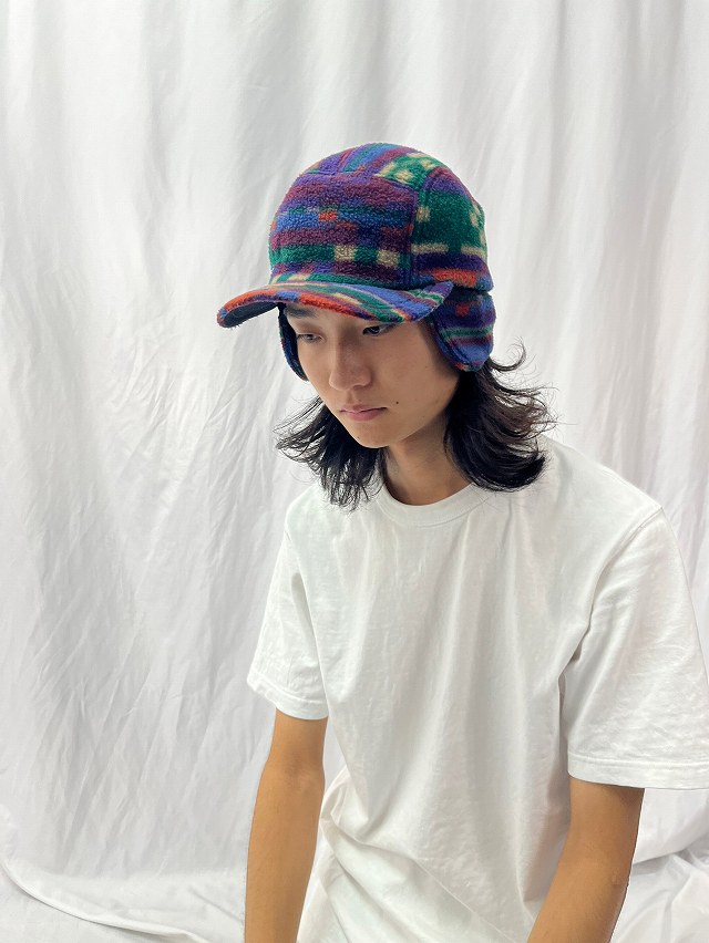 80's Columbia USA製 総柄 イヤーフラップ付き フリースキャップ L/XL