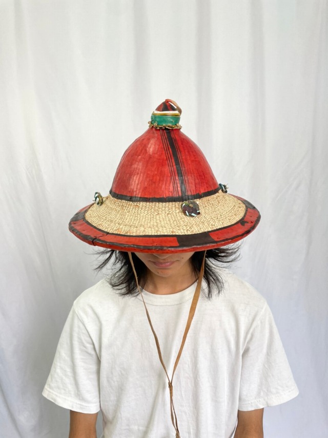 1点物 vintage ハンドメイド アフリカン 民族帽 レザー × 麦藁ハット