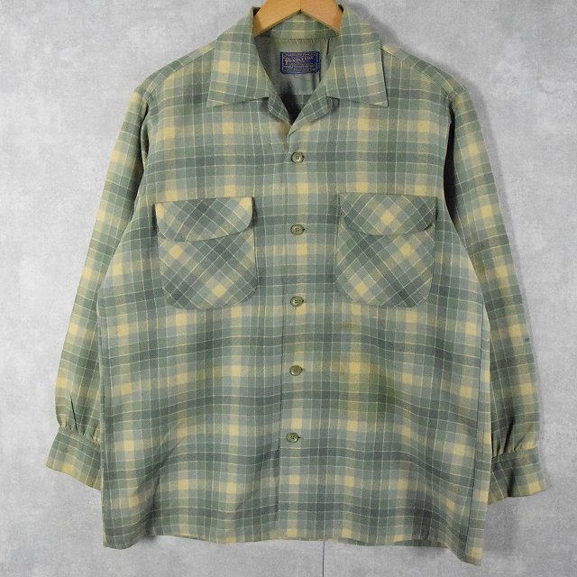 50's PENDLETON USA製 チェック柄 オープンカラーウールシャツ M