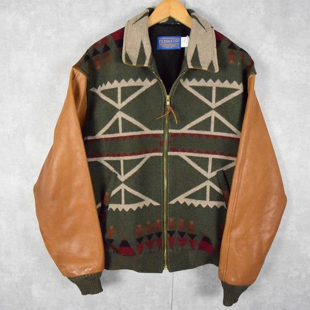 90's PENDLETON USA製 ネイティブ柄 レザー切り替え ウール×コットンジャケット M