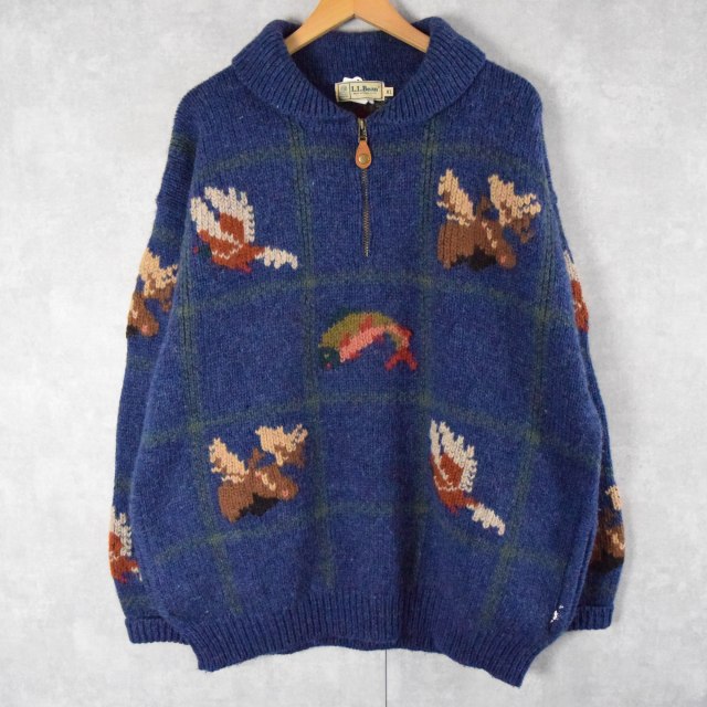 80's L.L.Bean 鳥柄 ハーフジップ ショールカラーウールニットセーター XL