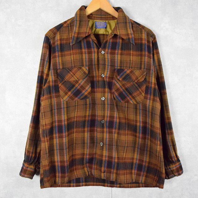 70's PENDLETON USA製 チェック柄 オープンカラーウールシャツ L