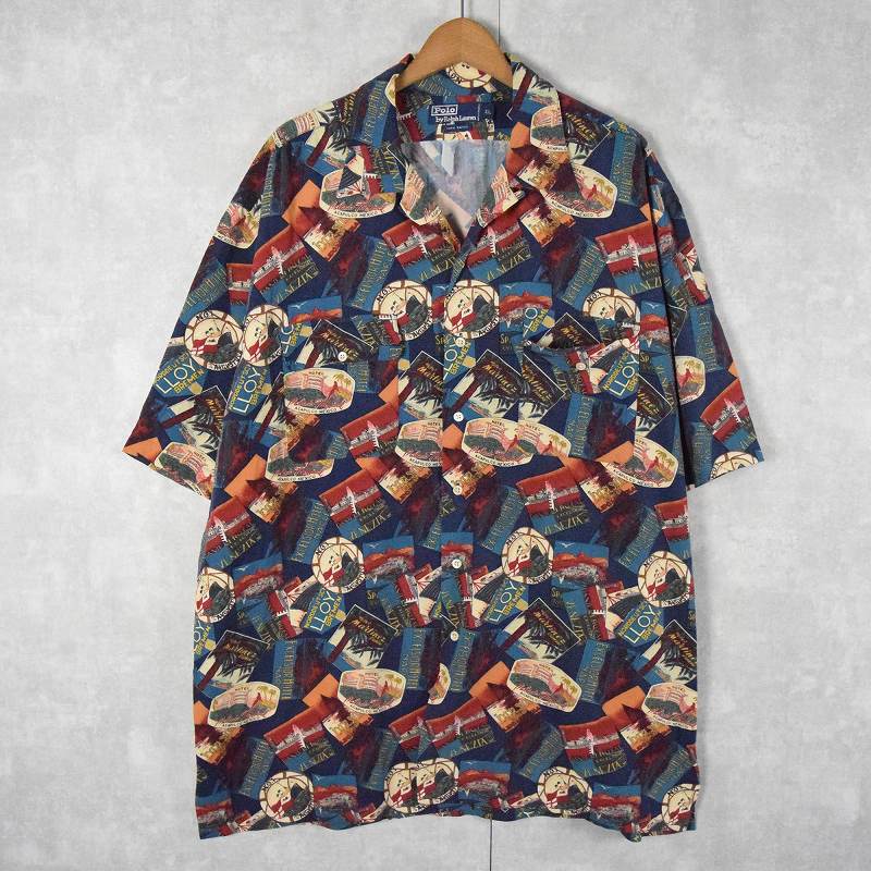 90's POLO Ralph Lauren 総柄 レーヨンオープンカラーシャツ XL