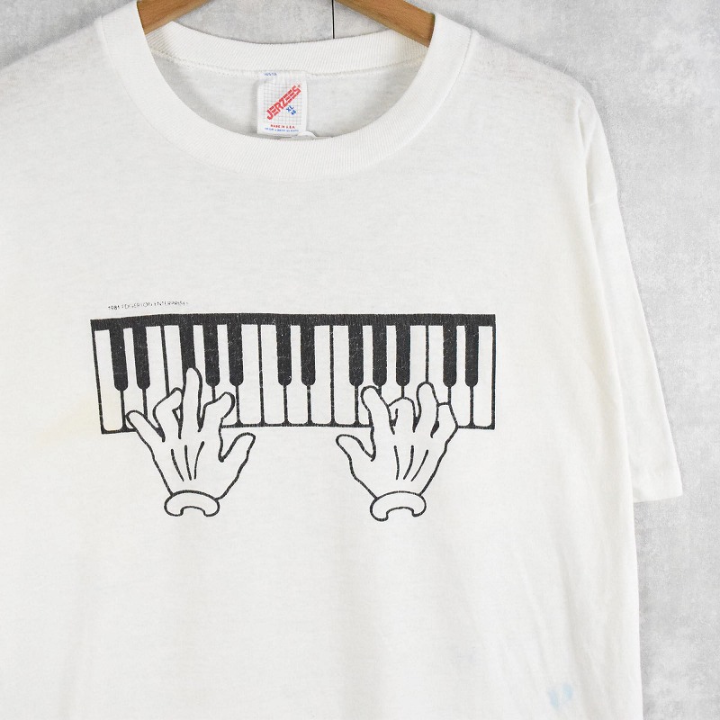 80s USA 白 デザインTシャツ 半袖 ピアノ バラ vintage
