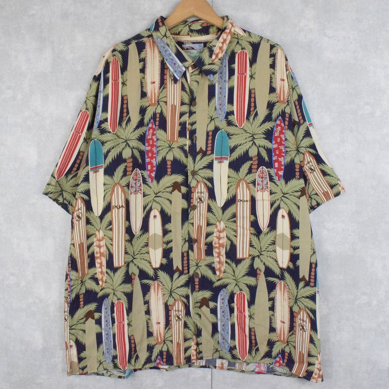 80's~90's US ハワイ製 レインスプーナー Reyn Spooner アロハ シャツ レーヨン 半袖 サーフボード ヤシの木柄 総柄 サイズ：メンズ XXL ビッグサイズ ネイビー×グリーン