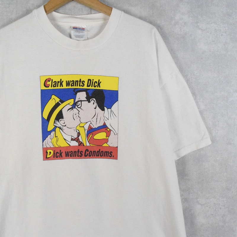 90's Dick Tracy&Superman “Clark wants Dick Dick wants Condoms”  ポップアートプリントTシャツ XL