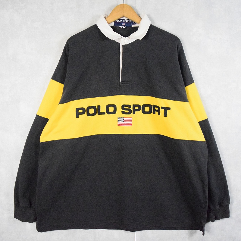 90's POLO SPORT Ralph Lauren 星条旗刺繍 切り替えデザイン ラガーシャツ BLACK XL