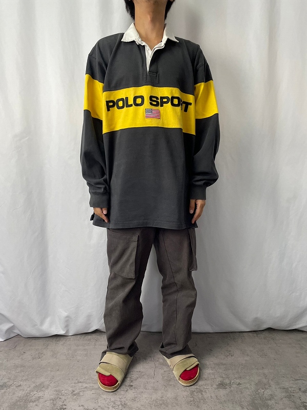 90's POLO SPORT Ralph Lauren 星条旗刺繍 切り替えデザイン ラガーシャツ BLACK XL
