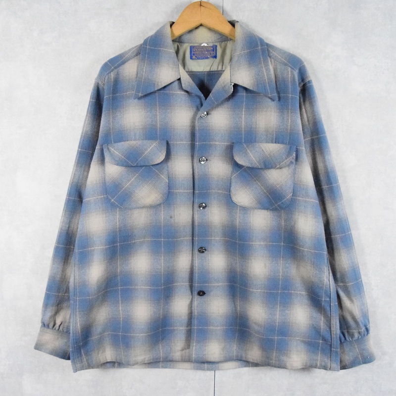 70's PENDLETON USA製 オンブレーチェック柄 オープンカラーウールシャツ L