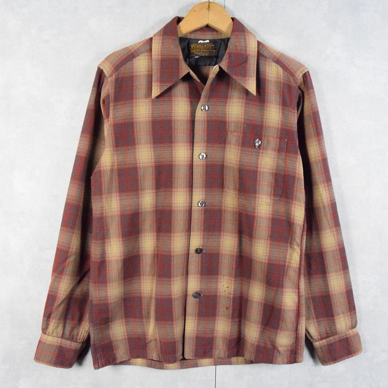 USA製  70's ペンドルトン チェック オープンカラーシャツ ブラウン