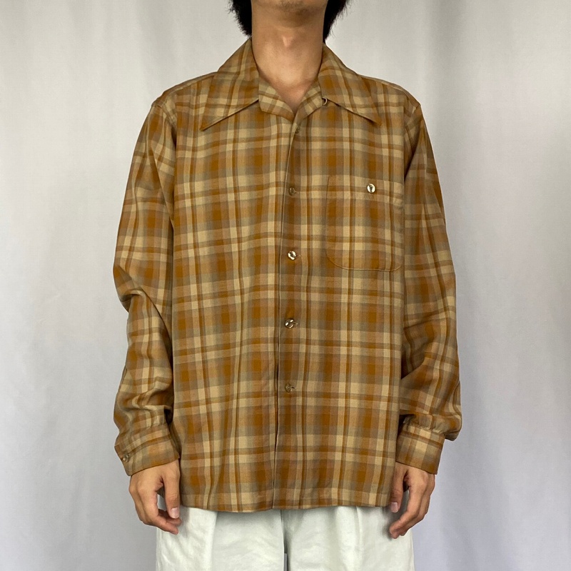 70's PENDLETON USA製 チェック柄 オープンカラーウールシャツ L