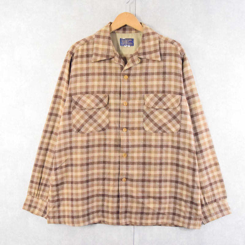 50's PENDLETON チェック柄 オープンカラーウールシャツ L