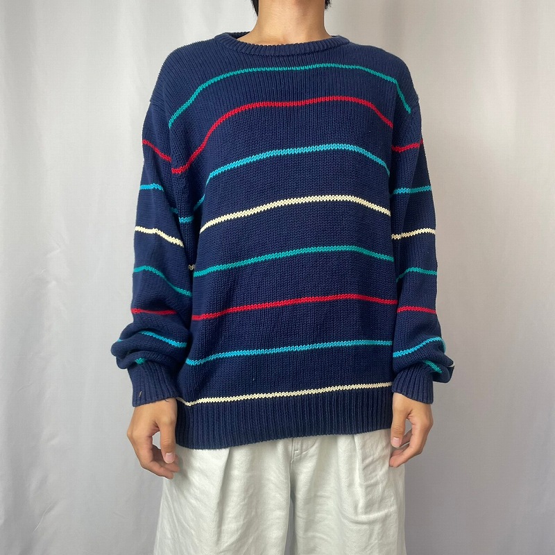 90's Eddie Bauer マルチボーダー柄 コットンニットセーター L