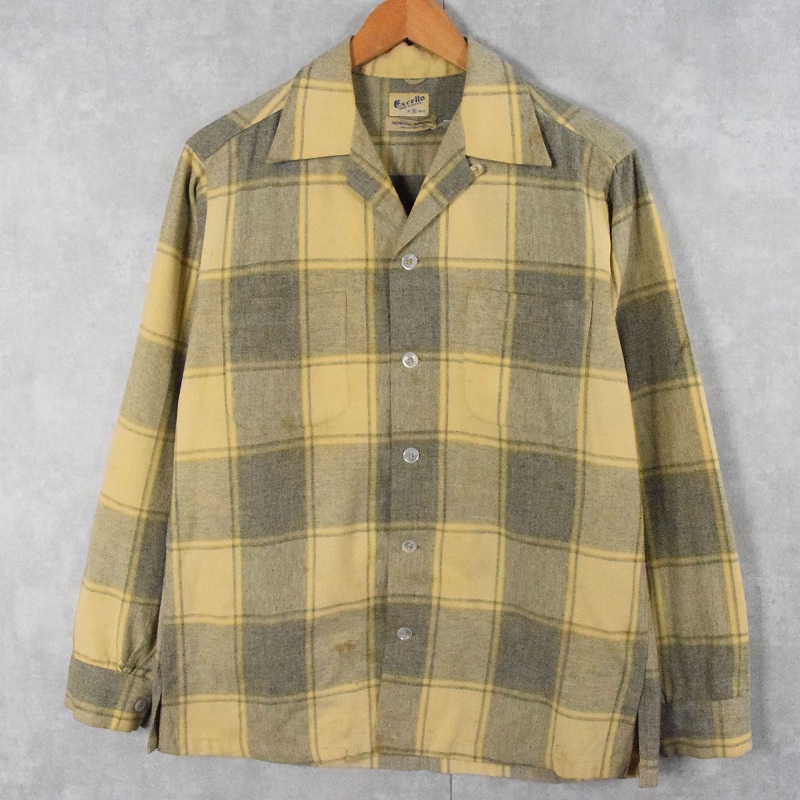 50〜60's Excello USA製 チェック柄 ウールオープンカラーシャツ M