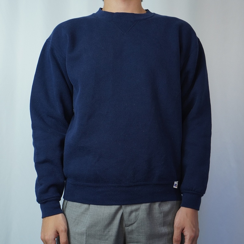 90's〜 RUSSELL ATHLETIC USA製 前V 無地スウェット NAVY YOUTH XL