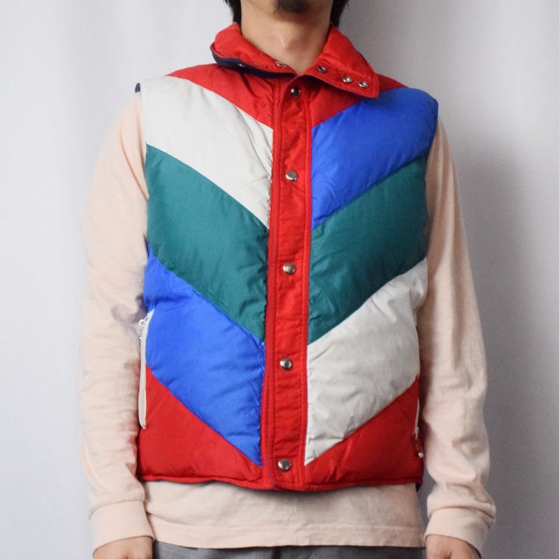 70's Swan Brand マルチカラー リバーシブル ナイロンダウンベスト M