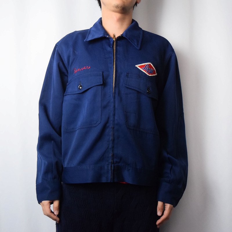 60〜70's Caleb V Smith & Son パッチ付き ポリエステル×レーヨン ワークジャケット NAVY