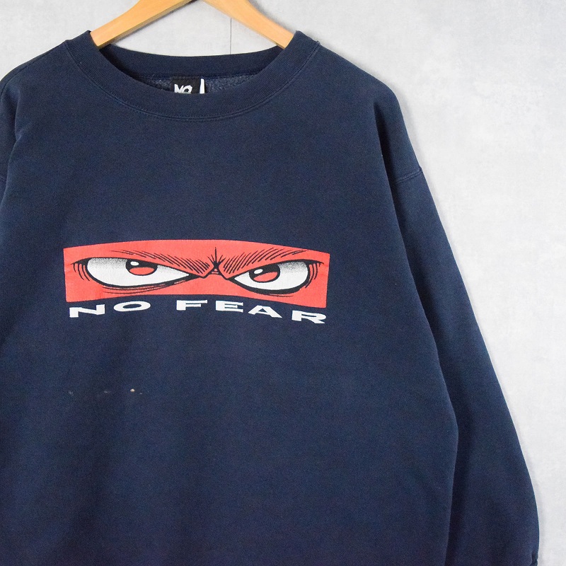 90's NO FEAR USA製 プリントスウェット NAVY L