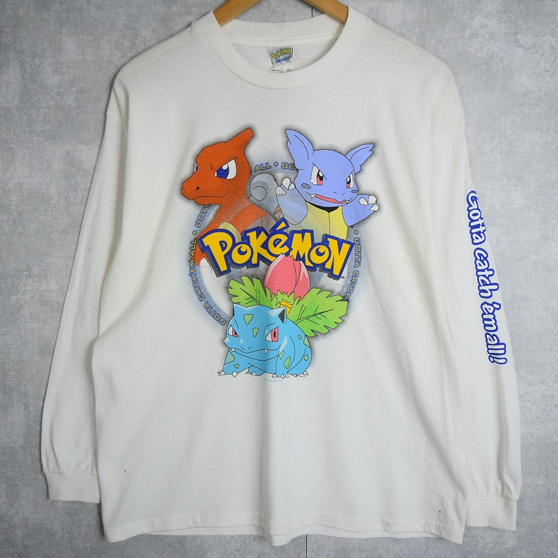 90s 90年代 ポケモン 白 ホワイト 長袖Tシャツ 袖プリント