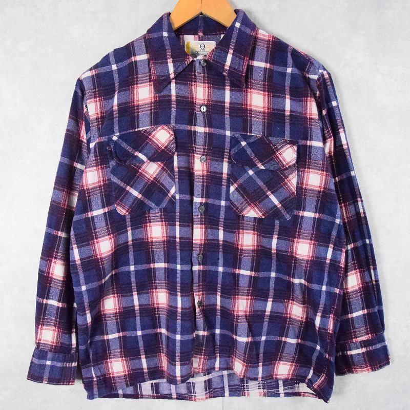70's AHM チェック柄 プリントネルシャツ NAVY M
