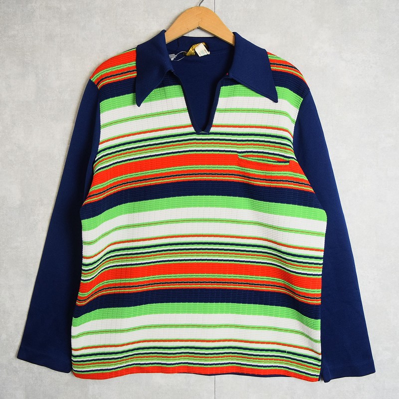 70's Pierre Marquez CANADA製 マルチボーダー柄 デザインスキッパーシャツ XL