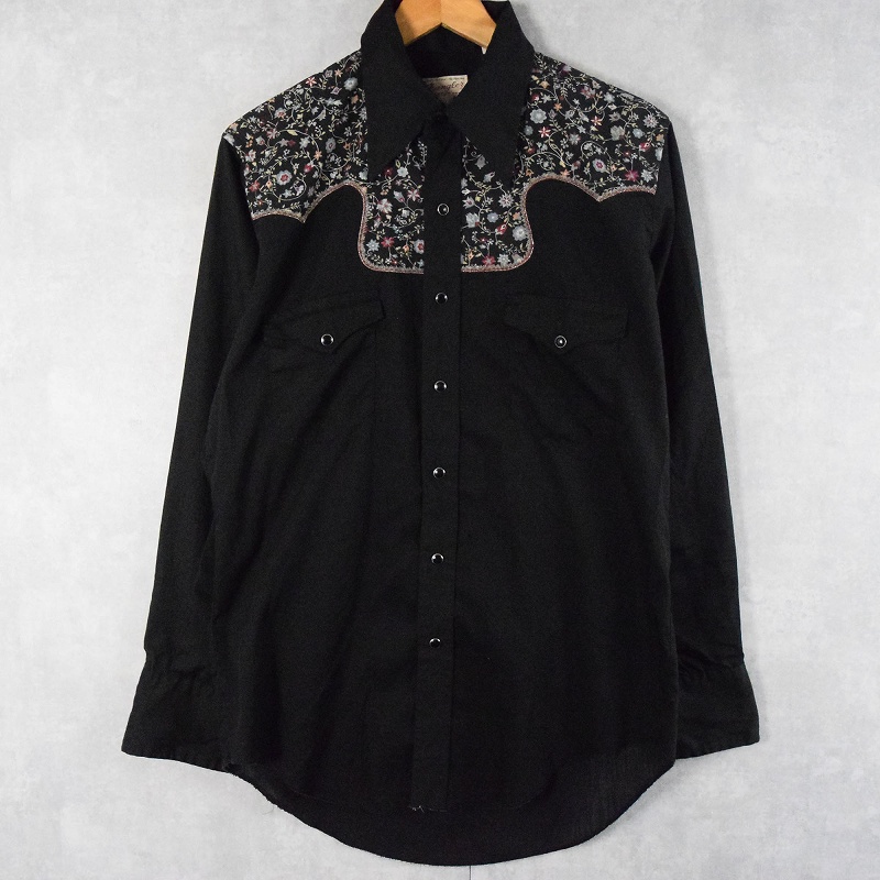 70's Wrangler USA製 白タグ 花柄ヨーク ウエスタンシャツ BLACK size16-34