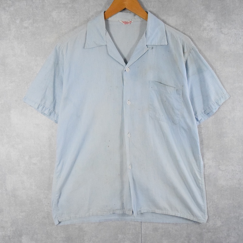 50〜60's DISTINCTIVE Sportswear USA製 ストライプ柄 オープンカラーコットンシャツ M