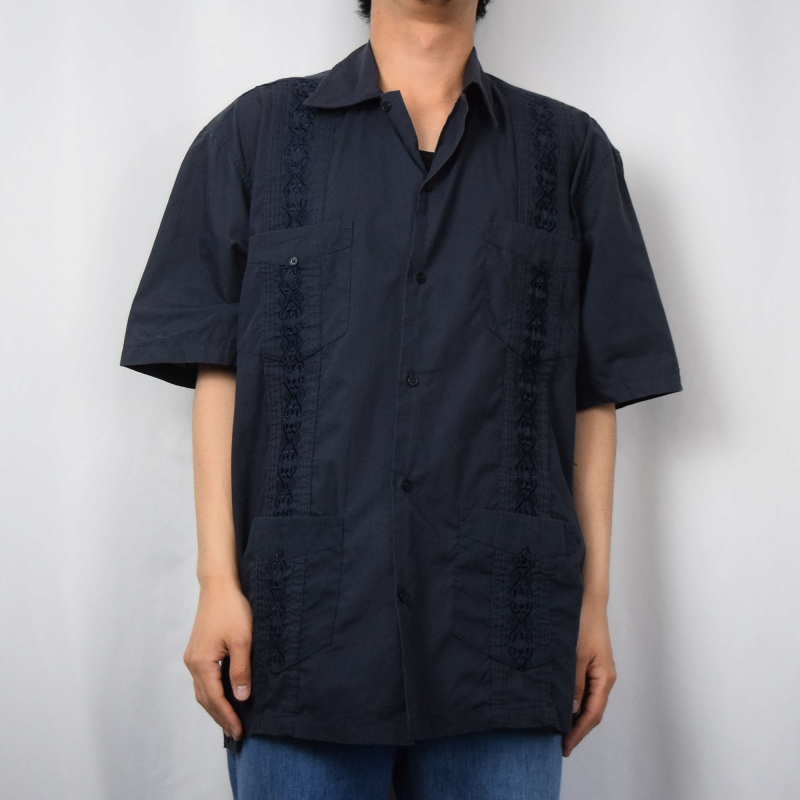 PLATOON コットン×ポリエステル 刺繍デザイン キューバシャツ NAVY L