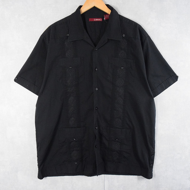 SOBRINO ポリエステル×コットン 刺繍デザイン キューバシャツ BLACK XL