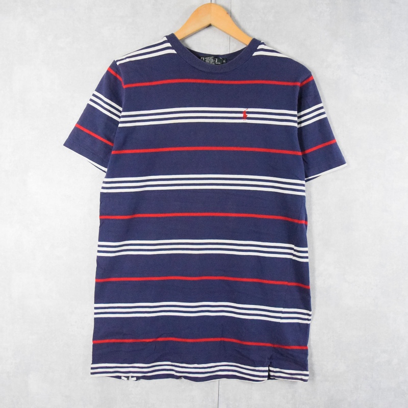 90's POLO Ralph Lauren USA製 マルチボーダー柄 ロゴ刺繍Tシャツ XL