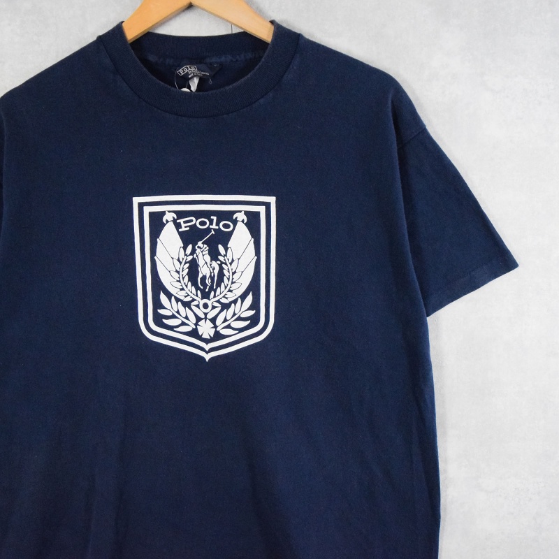 80〜90's POLO Ralph Lauren USA製 エンブレムプリントTシャツ NAVY ONE SIZE
